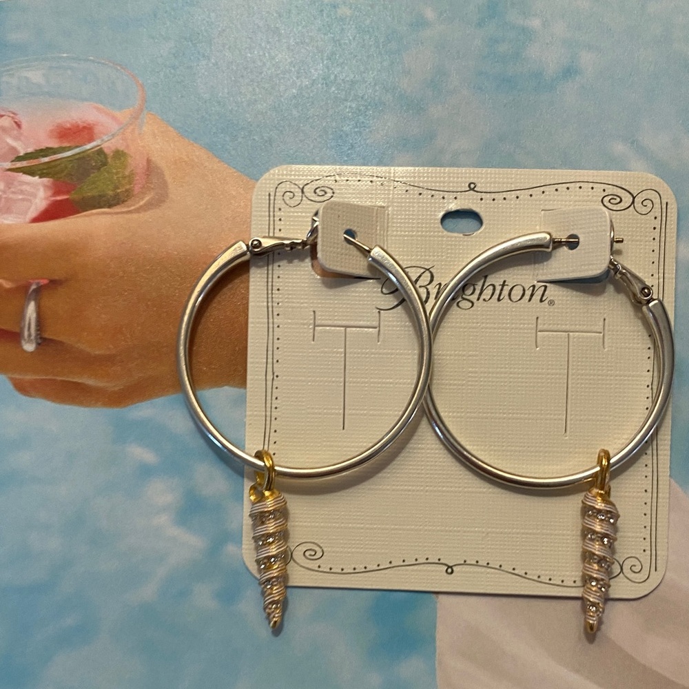 Brighton Saltwater Shells Silver Hoop Earrings w/ Gold & Crystal accents